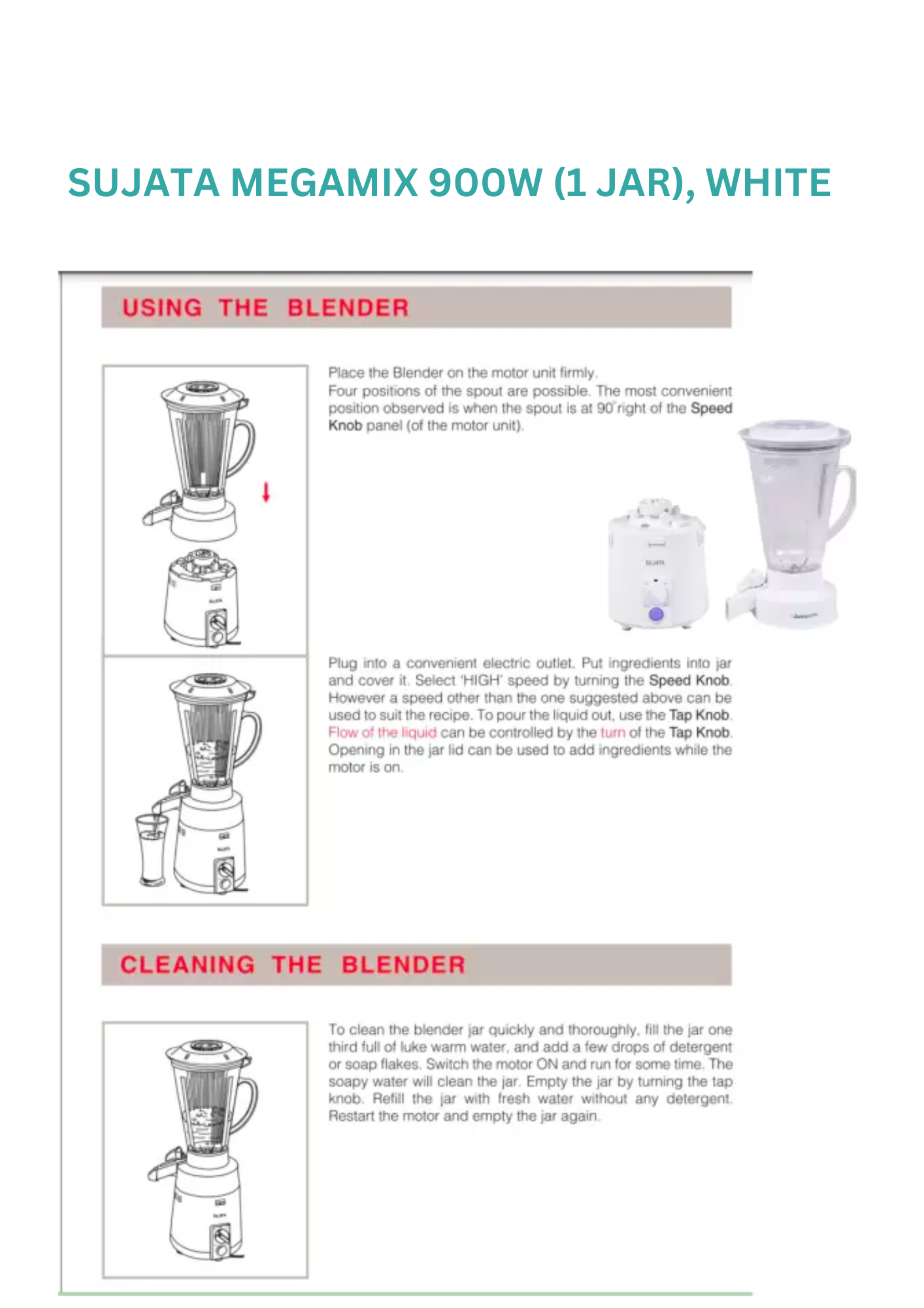 SUJATA MEGAMIX with Extra Blender (Juicer) jar 900 Juicer Mixer Grinder (2 Jars, White)