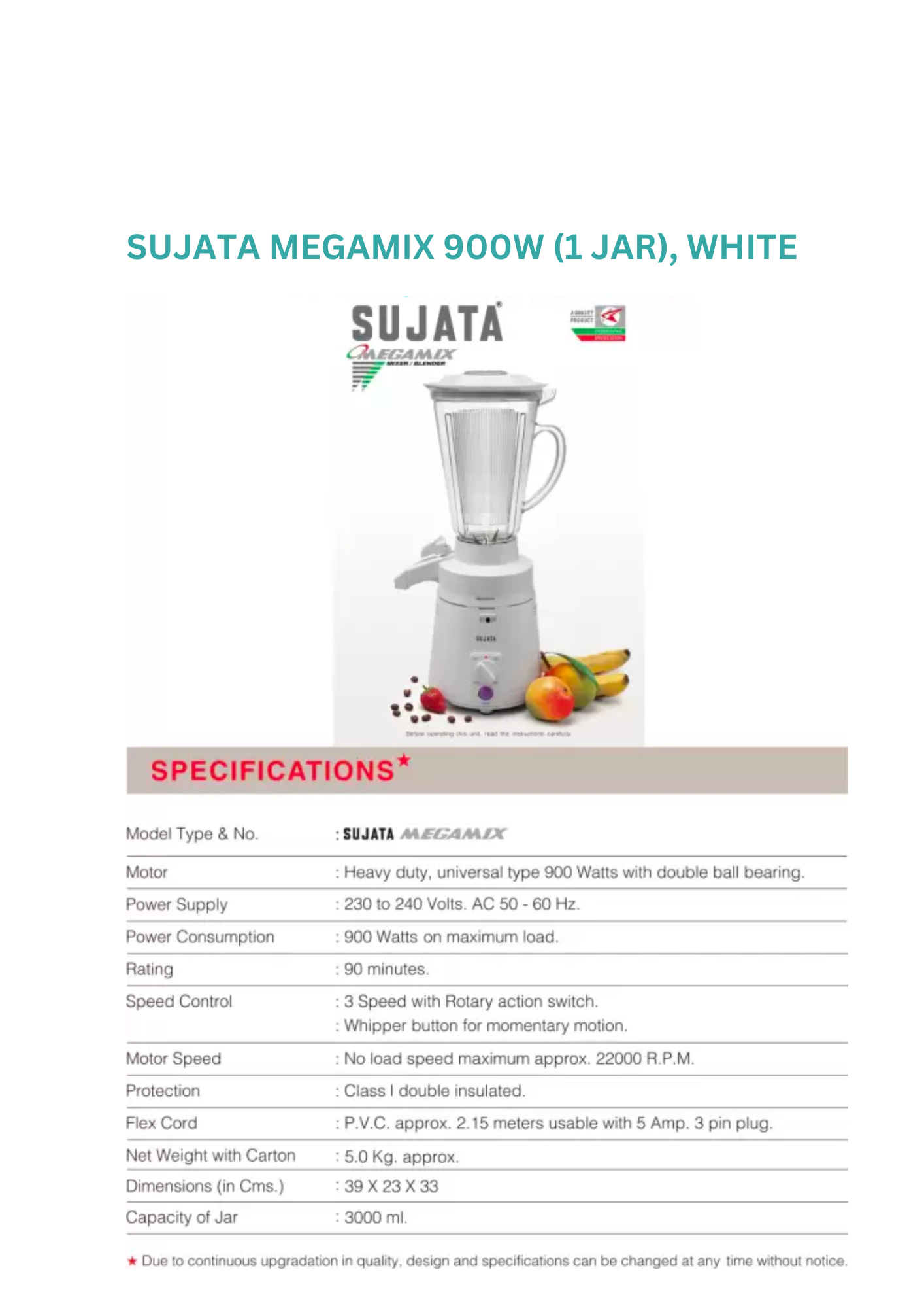 SUJATA MEGAMIX with Extra Blender (Juicer) jar 900 Juicer Mixer Grinder (2 Jars, White)