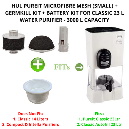 Touch N Feel ~ HUL PUREIT MICROFIBRE MESH(SMALL)+GERMKILL KIT+ BATTERY KIT FOR CLASSIC 23L-3000L Media Filter Cartridge Micro rating 0.4, (Pack of 4 ~ Microfibre Mesh: 1, Germkill kit: 1, Battery Kit: 1, Carbon Polisher: 1)