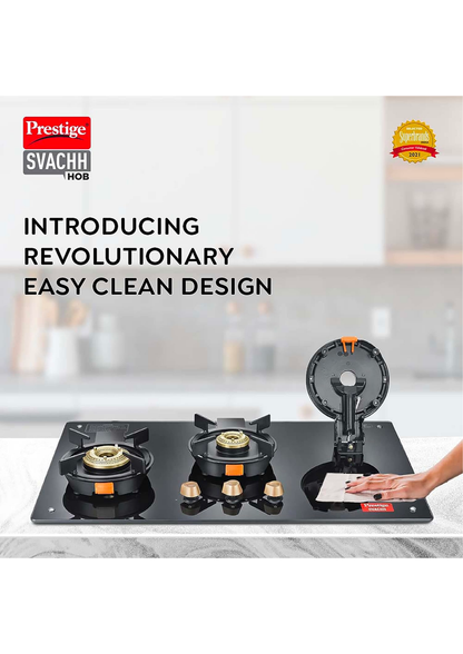 Prestige Svachh Hob PSVH-OZ AI Toughened Glass Top Auto Ignition System & 3 Brass Burners Glass Automatic Hob (3 Burners)