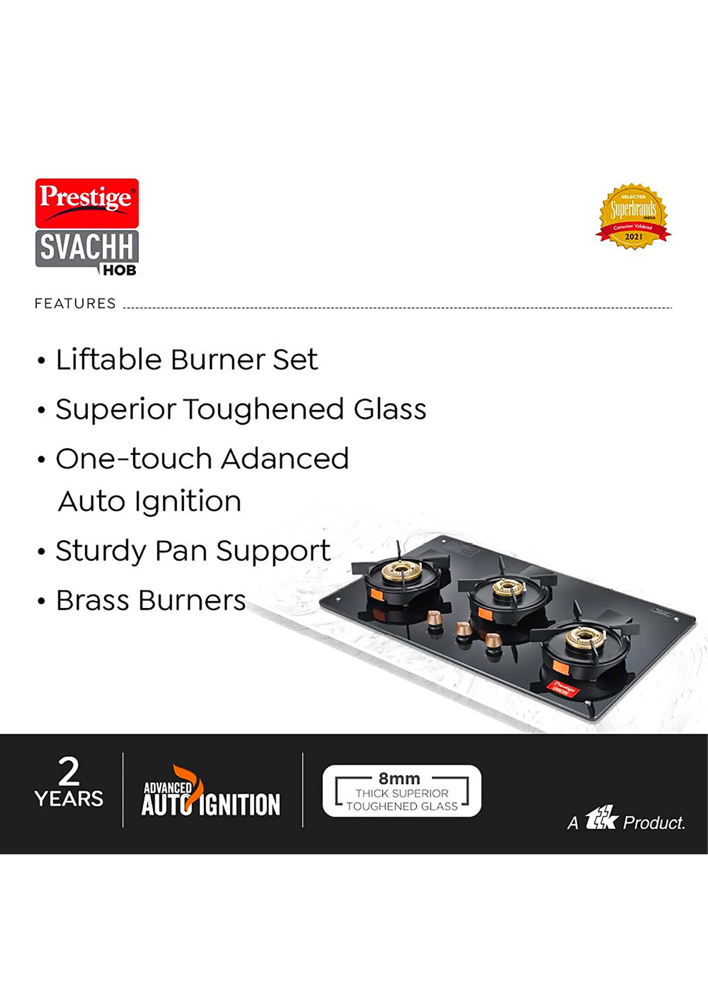 Prestige Svachh Hob PSVH-OZ AI Toughened Glass Top Auto Ignition System & 3 Brass Burners Glass Automatic Hob (3 Burners)