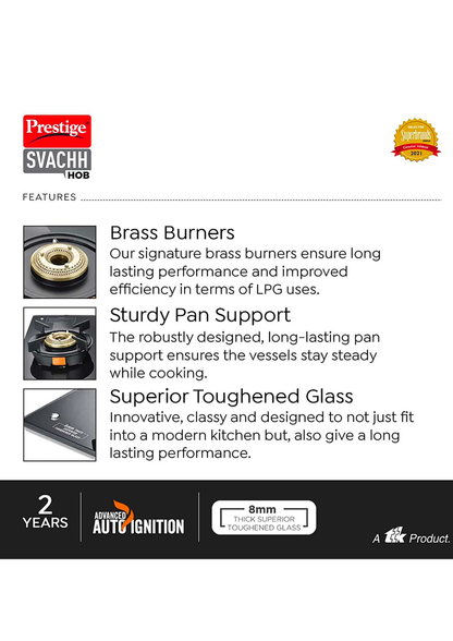 Prestige Svachh Hob PSVH-OZ AI Toughened Glass Top Auto Ignition System & 3 Brass Burners Glass Automatic Hob (3 Burners)