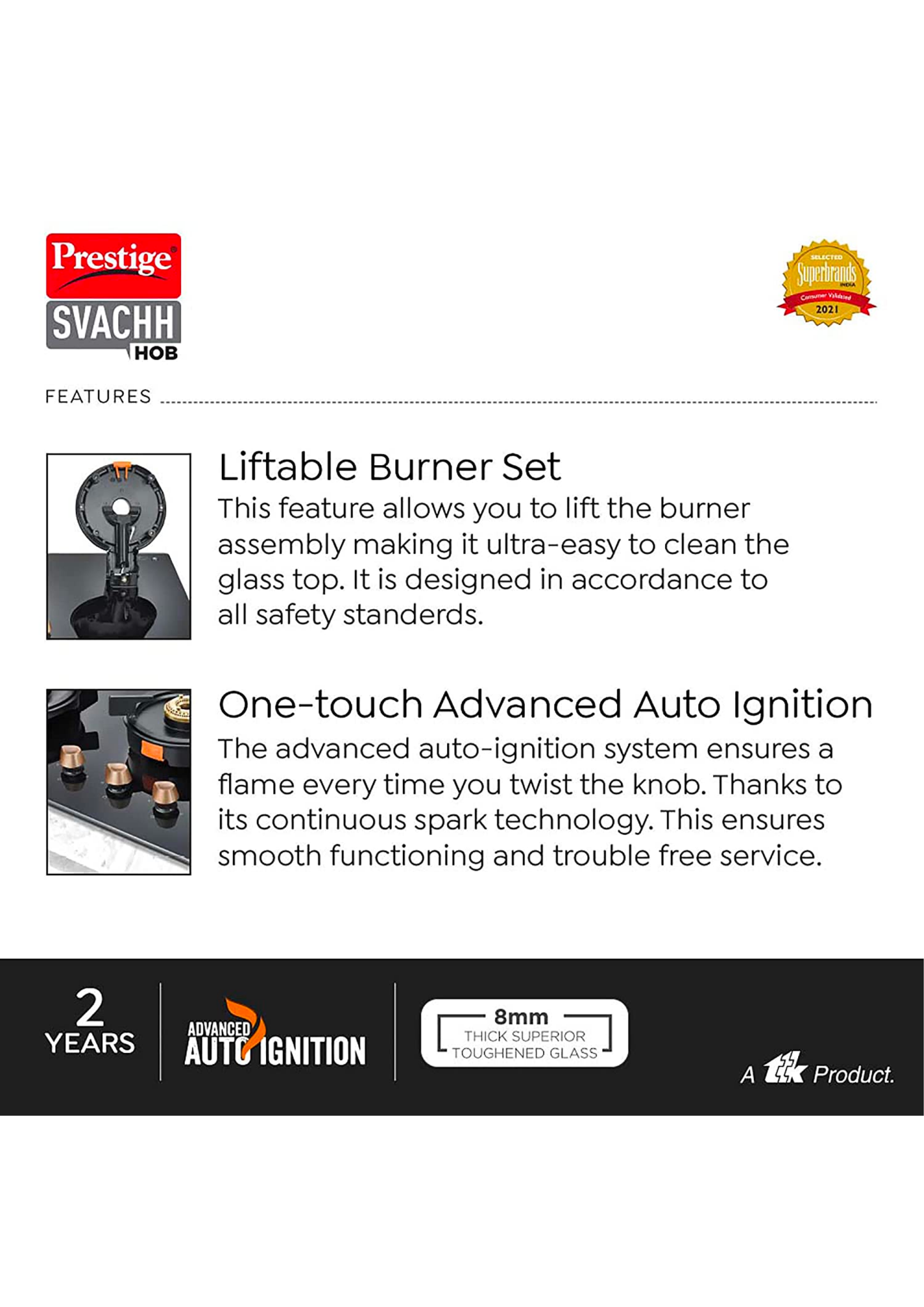 Prestige Svachh Hob PSVH-OZ AI Toughened Glass Top Auto Ignition System & 3 Brass Burners Glass Automatic Hob (3 Burners)