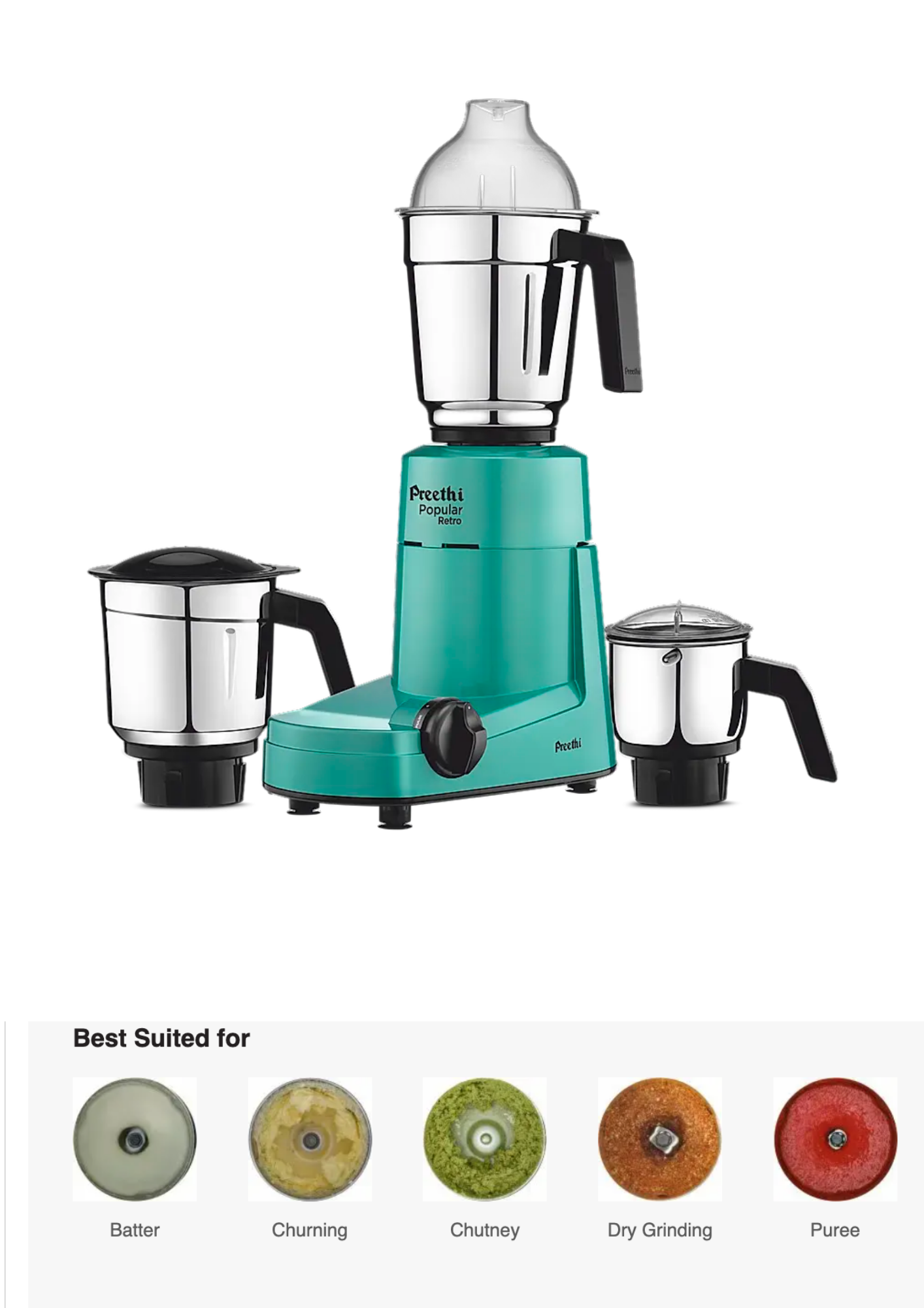 Preethi Trio - MG 158 Economy 500 W Mixer Grinder (3 Jars, Blue with White base)