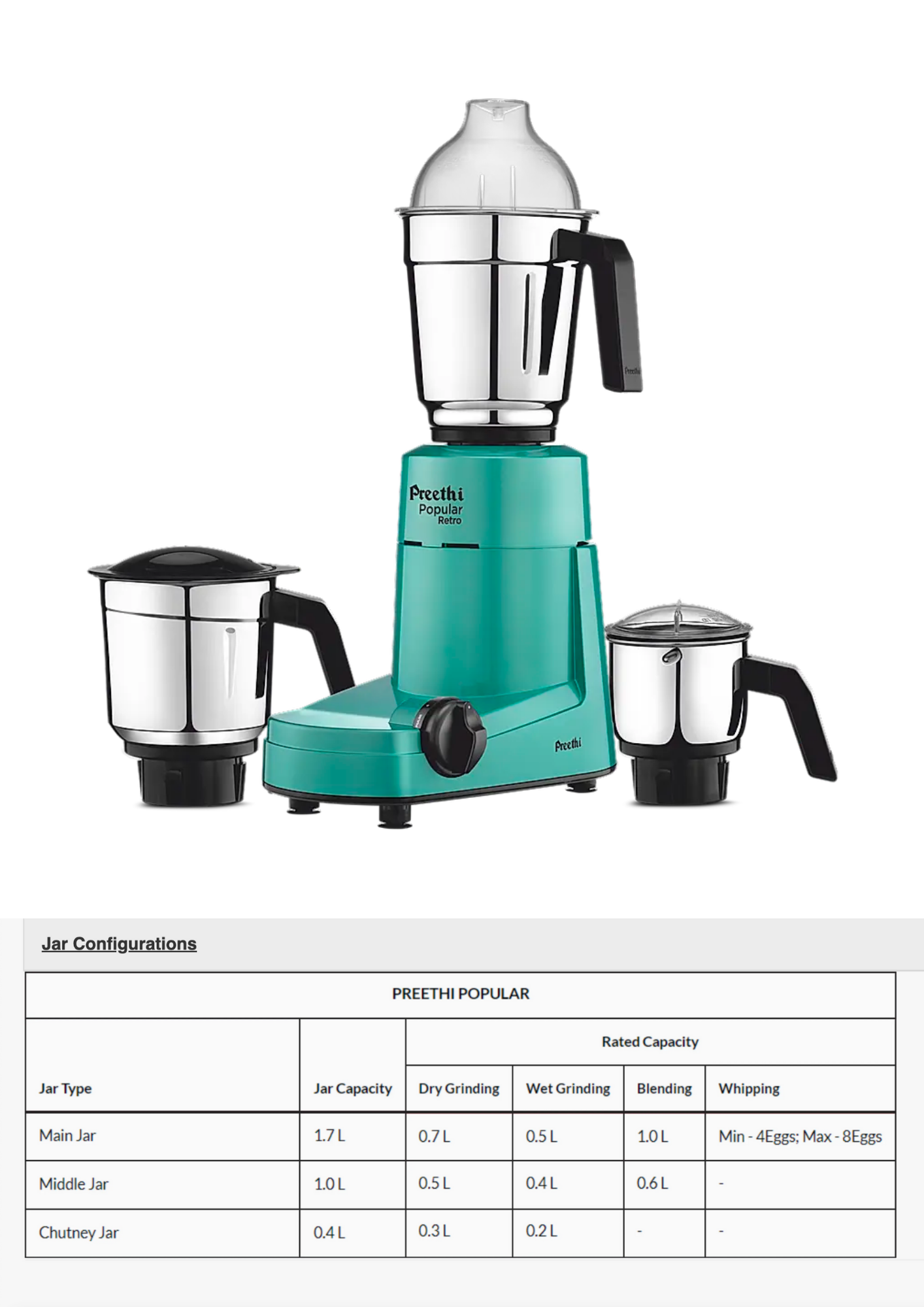 Preethi Trio - MG 158 Economy 500 W Mixer Grinder (3 Jars, Blue with White base)