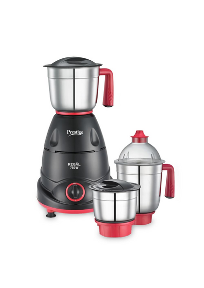 Prestige Regal with Superior Grip, Durability & Appealing Design 750 Juicer Mixer Grinder (3 Jars, Black, Red)