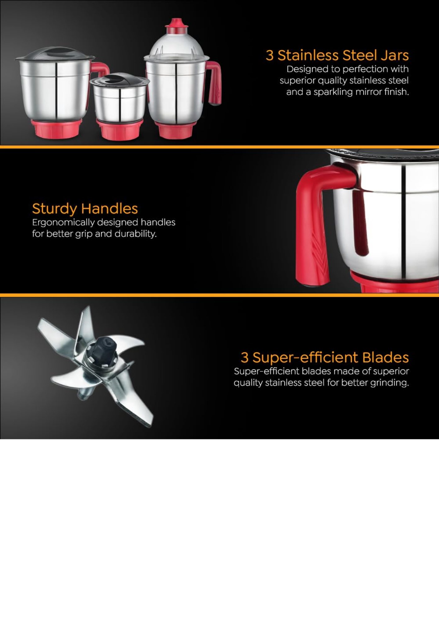 Prestige Regal with Superior Grip, Durability & Appealing Design 750 Juicer Mixer Grinder (3 Jars, Black, Red)