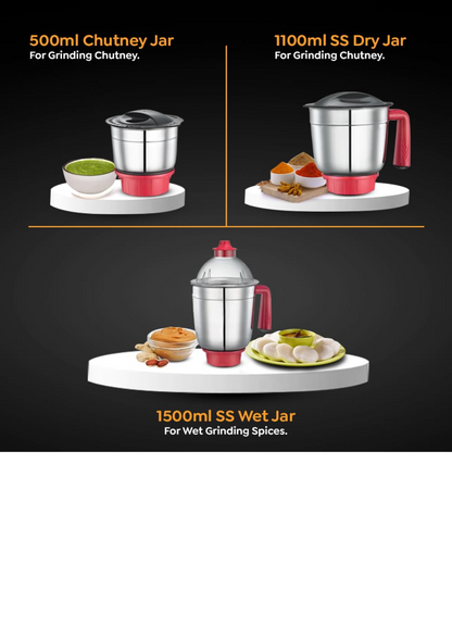 Prestige Regal with Superior Grip, Durability & Appealing Design 750 Juicer Mixer Grinder (3 Jars, Black, Red)