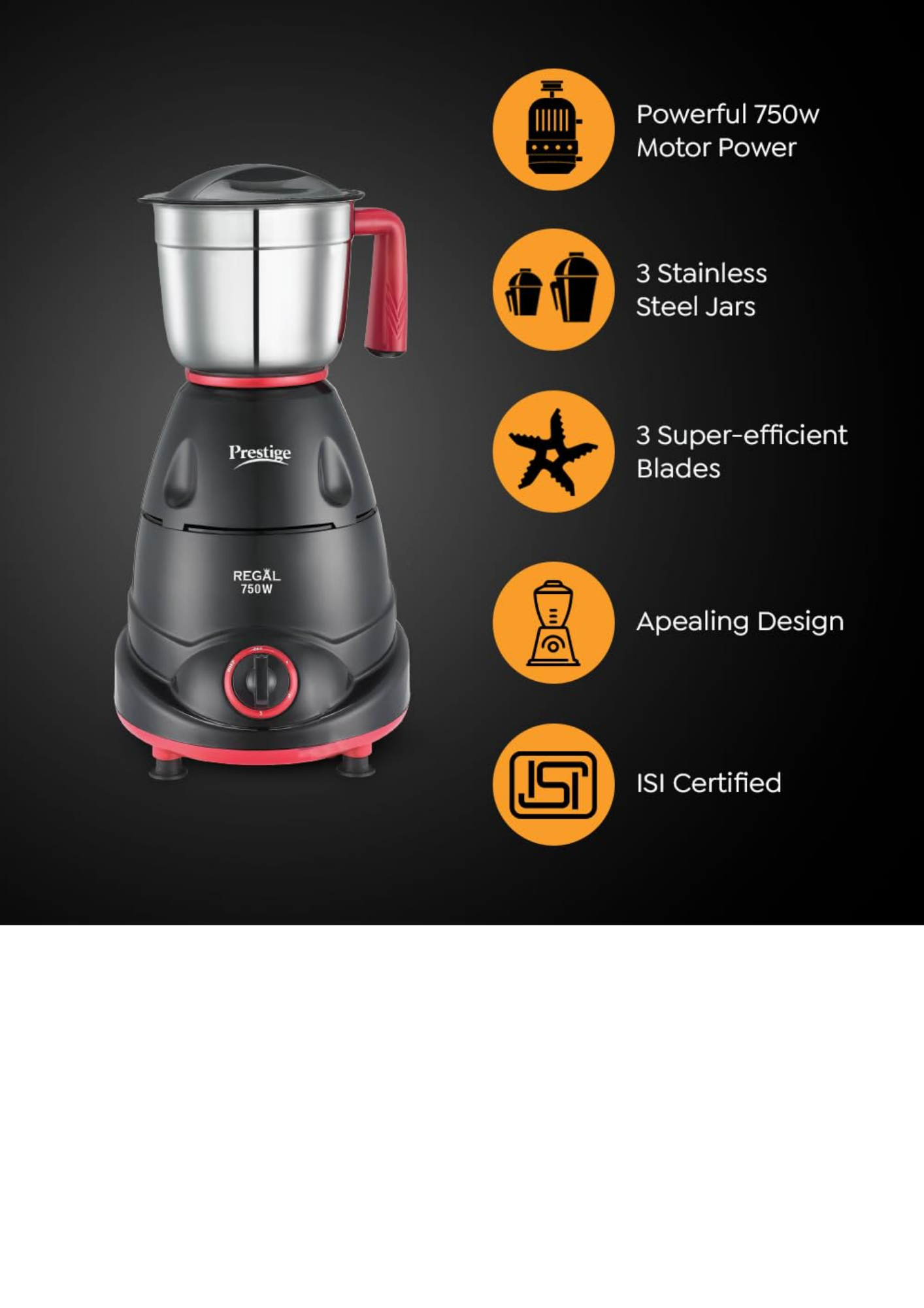 Prestige Regal with Superior Grip, Durability & Appealing Design 750 Juicer Mixer Grinder (3 Jars, Black, Red)