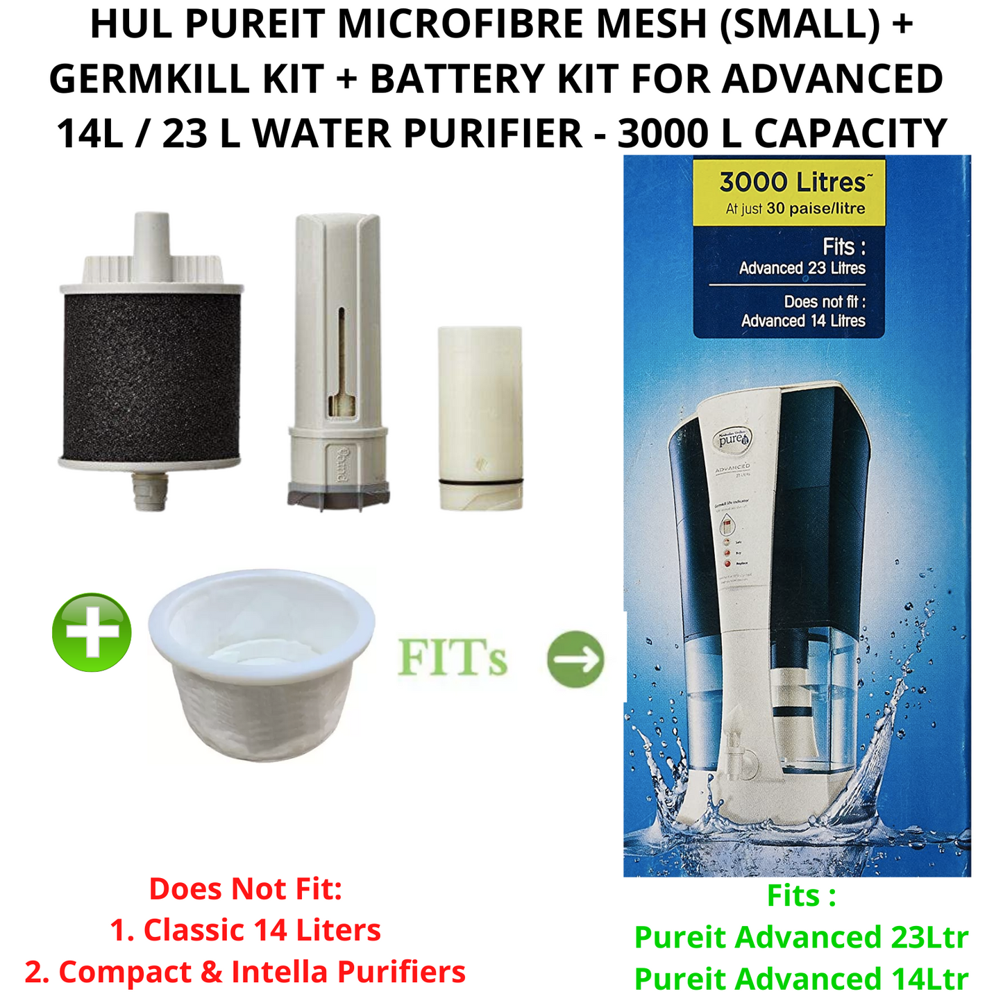 Touch N Feel ~ HUL PUREIT MICROFIBRE MESH(SMALL)+GERMKILL KIT+ BATTERY KIT FOR ADVANCED 14L/23L-3000L Media Filter Cartridge Micro rating 0.4, (Pack of 4 ~ Microfibre Mesh: 1, Germkill kit: 1, Battery Kit: 1, Carbon Polisher: 1)