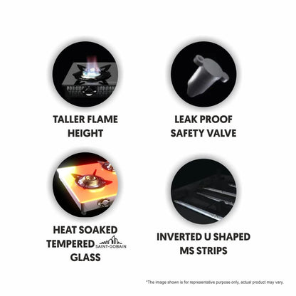 Preethi Valentino Glass top 3 Burner Gas Stove, Manual Ignition, Black (ISI Approved with Life Time Warranty on Glass & Burner)