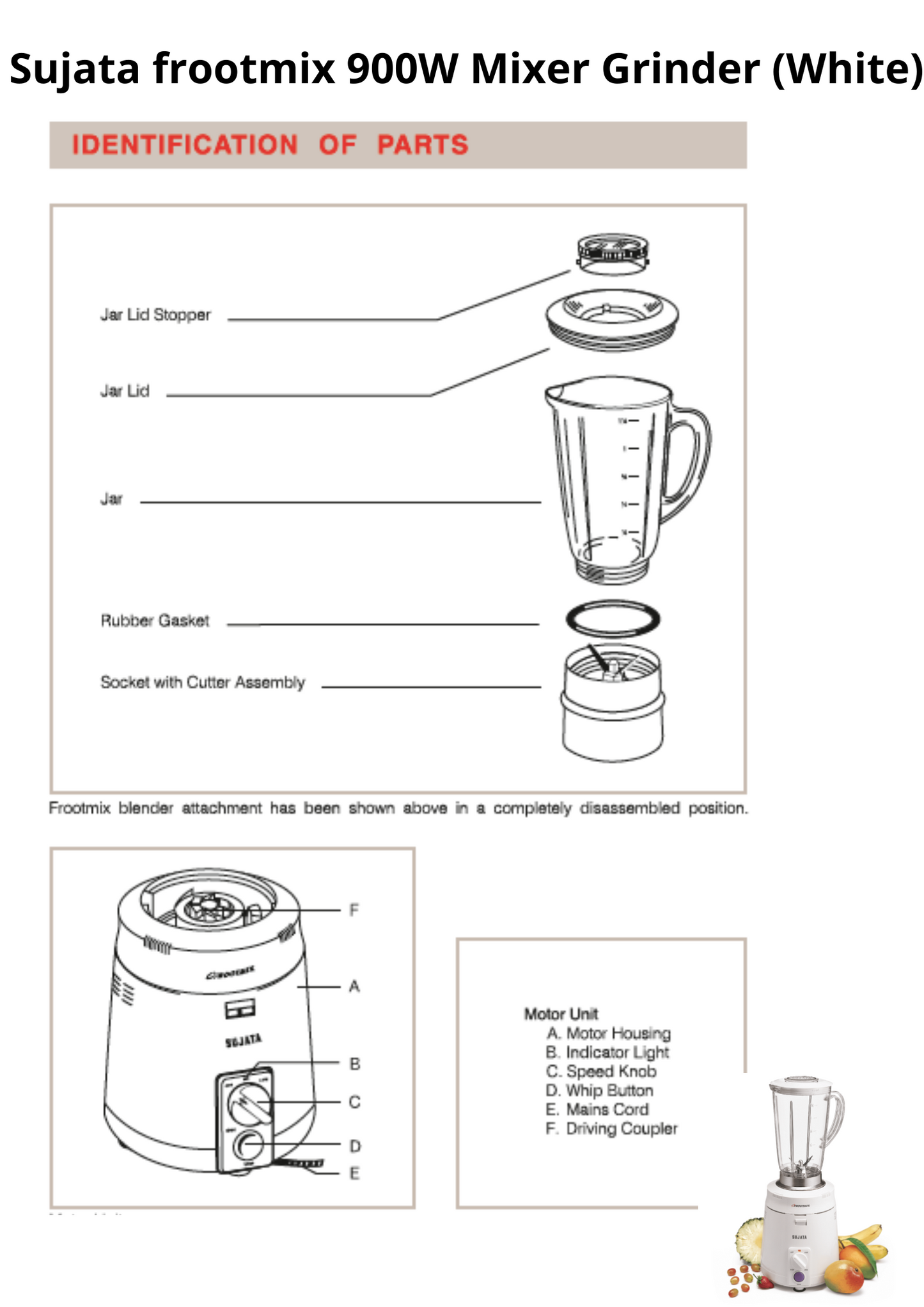 SUJATA FROOTMIX with Extra Blender (Juicer) jar 900 Juicer Mixer Grinder (2 Jars, White)