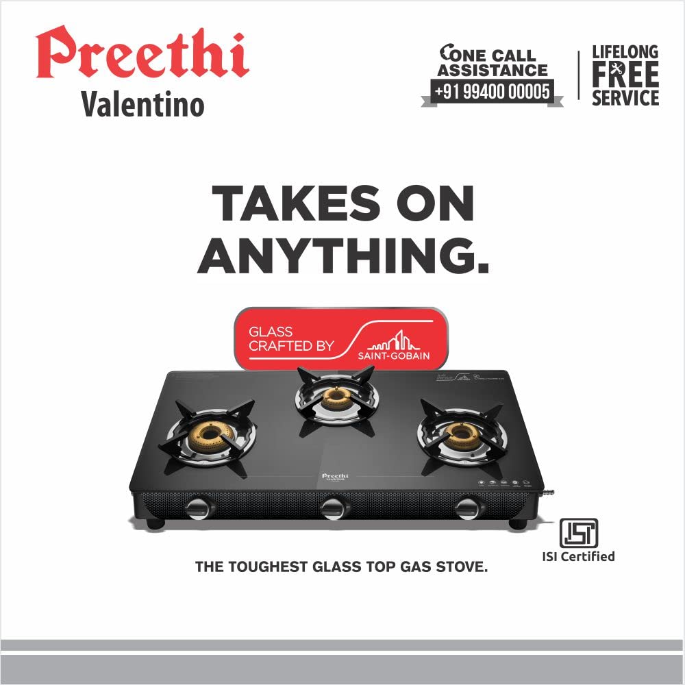 Preethi Valentino Glass top 3 Burner Gas Stove, Manual Ignition, Black (ISI Approved with Life Time Warranty on Glass & Burner)