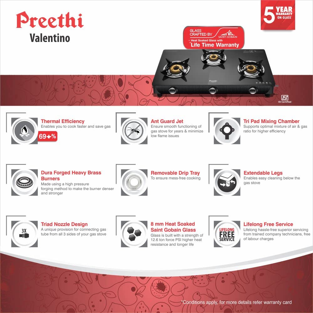Preethi Valentino Glass top 3 Burner Gas Stove, Manual Ignition, Black (ISI Approved with Life Time Warranty on Glass & Burner)