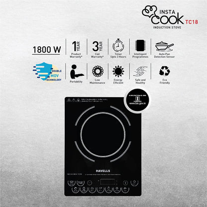 Havells Induction Cooktop Tc 18 1800 Watt (Crystal Glass, Black) (Ghcicdqk180)
