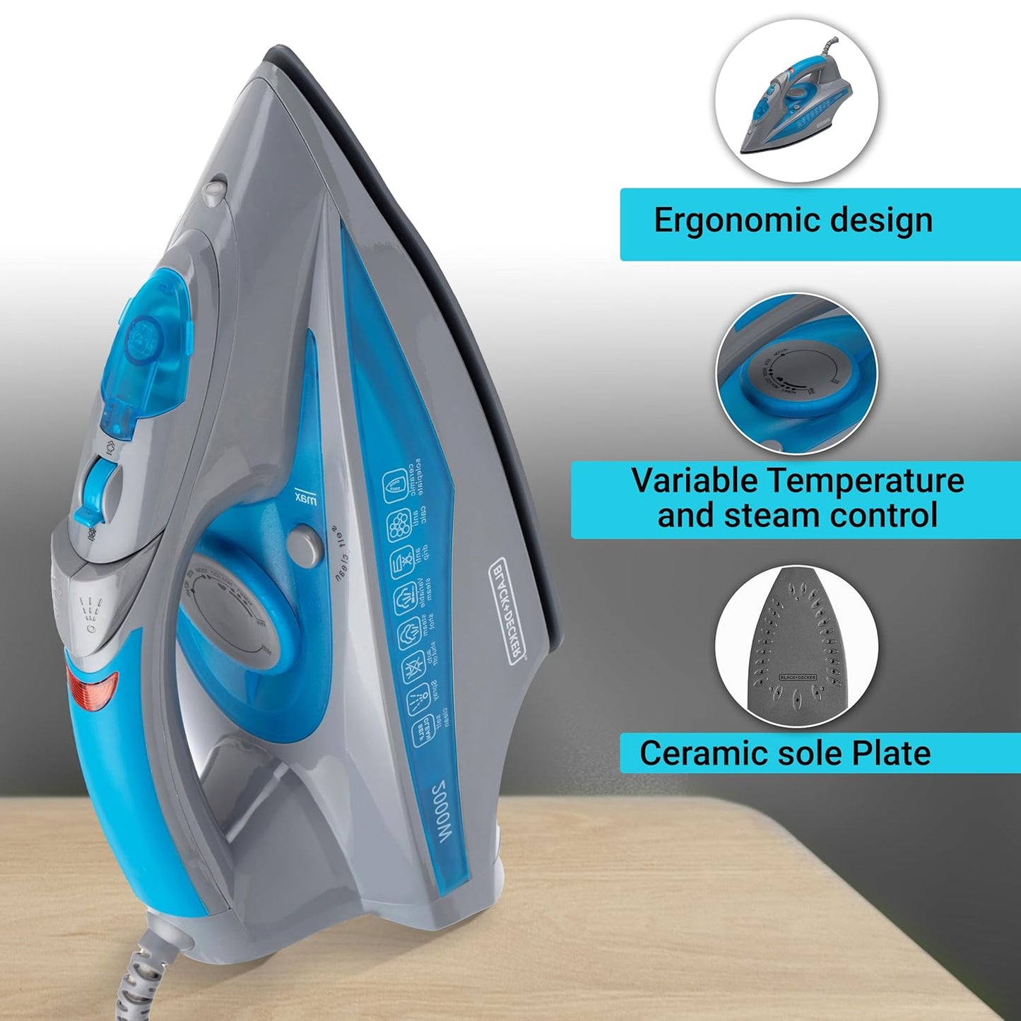 Black+Decker BXIR2001IN 2000 Watt Steam Iron Press with Auto-Shut Off and Non-Stick Ceramic Sole Plate Coating | Anti Drip Feature with 380ml Large Water Tank | 2 year Warranty (Blue)