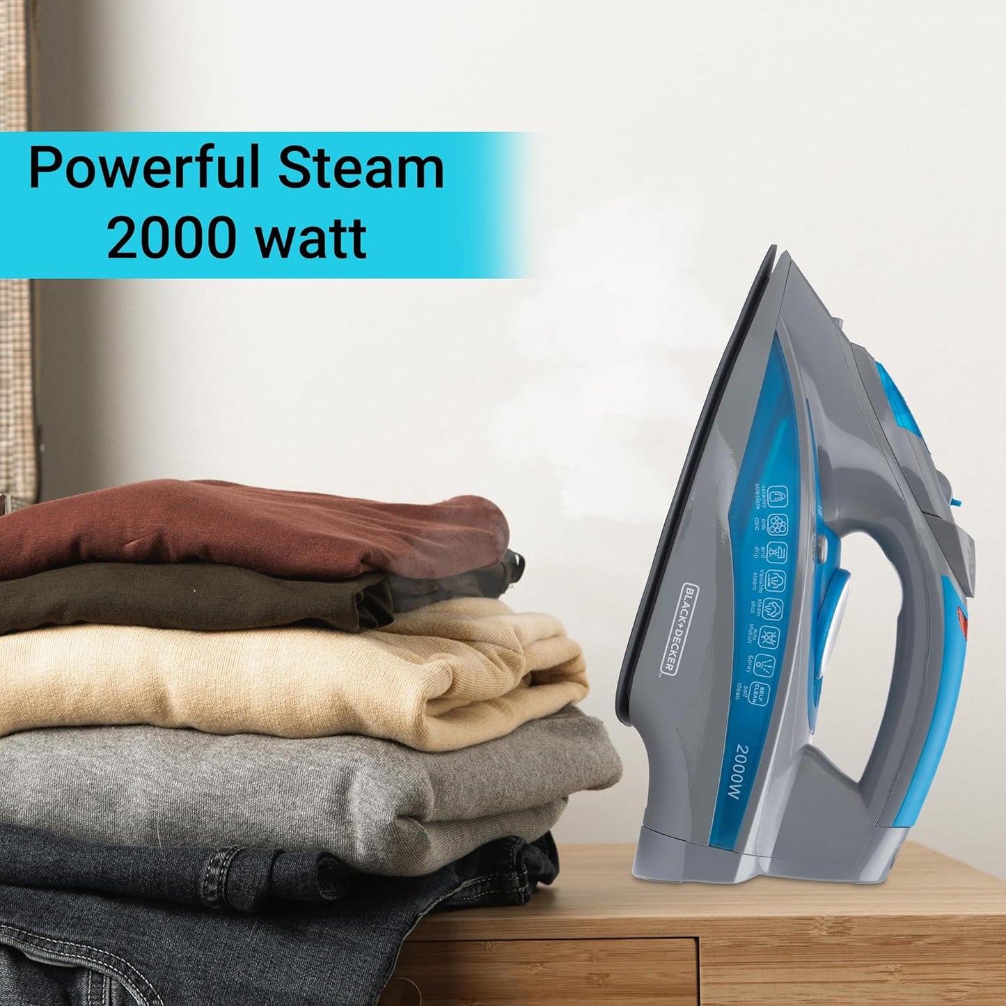 Black+Decker BXIR2001IN 2000 Watt Steam Iron Press with Auto-Shut Off and Non-Stick Ceramic Sole Plate Coating | Anti Drip Feature with 380ml Large Water Tank | 2 year Warranty (Blue)