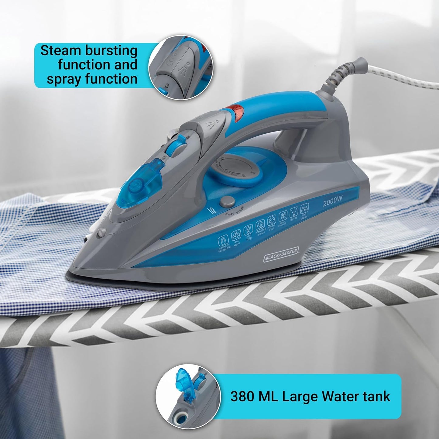 Black+Decker BXIR2001IN 2000 Watt Steam Iron Press with Auto-Shut Off and Non-Stick Ceramic Sole Plate Coating | Anti Drip Feature with 380ml Large Water Tank | 2 year Warranty (Blue)