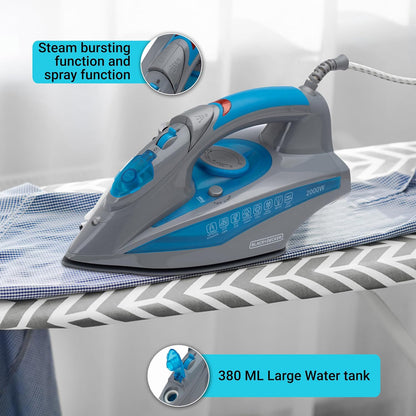 Black+Decker BXIR2001IN 2000 Watt Steam Iron Press with Auto-Shut Off and Non-Stick Ceramic Sole Plate Coating | Anti Drip Feature with 380ml Large Water Tank | 2 year Warranty (Blue)