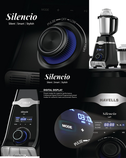 Havells Silencio| Powerful HVDC Motor |Hands Free Operation | Triple Safety Protection | 500 WATTS | Double Layered Jars | Smart Digital Control | 500 Juicer Mixer Grinder (3 Jars, Black)