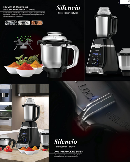 Havells Silencio| Powerful HVDC Motor |Hands Free Operation | Triple Safety Protection | 500 WATTS | Double Layered Jars | Smart Digital Control | 500 Juicer Mixer Grinder (3 Jars, Black)