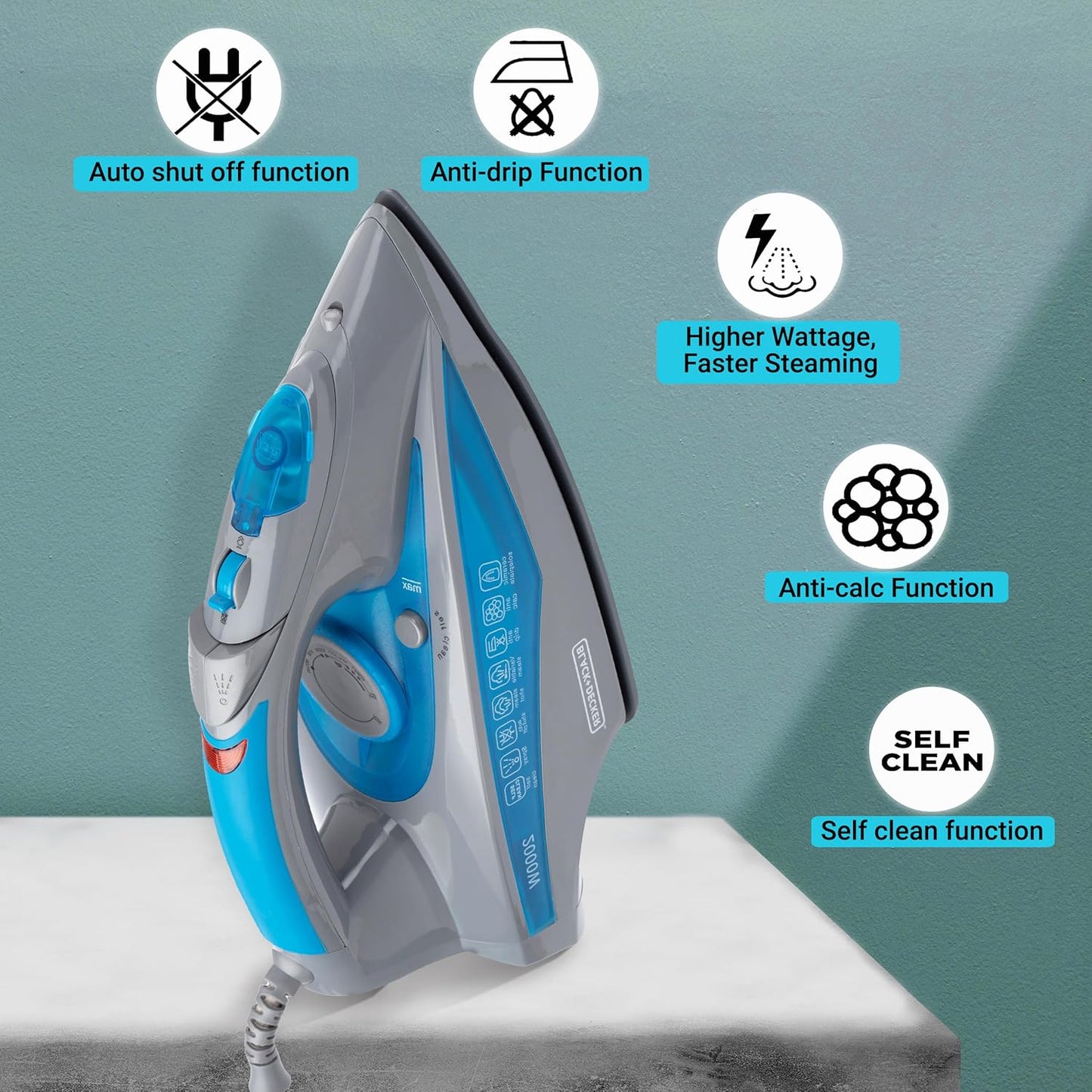 Black+Decker BXIR2001IN 2000 Watt Steam Iron Press with Auto-Shut Off and Non-Stick Ceramic Sole Plate Coating | Anti Drip Feature with 380ml Large Water Tank | 2 year Warranty (Blue)