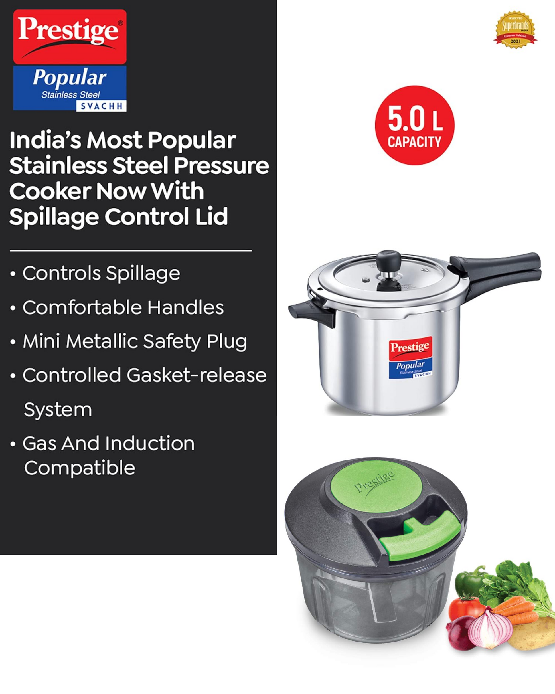 Prestige popular stainless steel pressure cooker 5 litres sale
