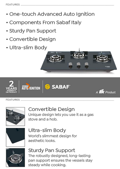 Prestige Desire Hobtop PHTD 02 AI (Toughened Glass Top, 3 Sabaf Burners, Auto Ignition) Glass Automatic Hob  (3 Burners)