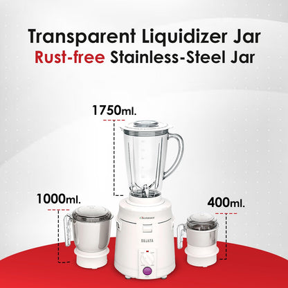 Sujata Supermix 900 Watts Mixer Grinder | 22000 Rotations Per Min | 90 Minutes Continuous Running | 3 Versatile Jars 1750 ml, 1000 ml and 400 ml